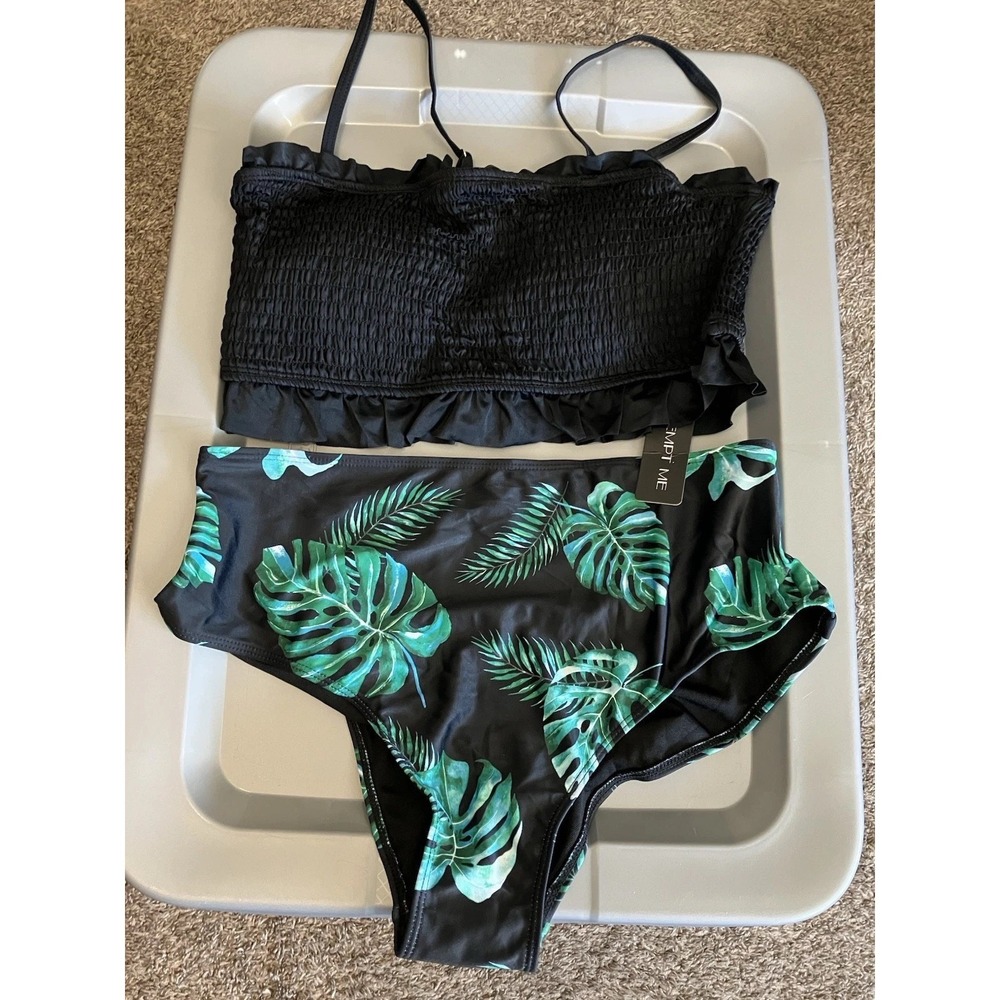 Tempt Me Bikini Set Women XL Black NWT Ruffle Smocked High Waist Tropical C66